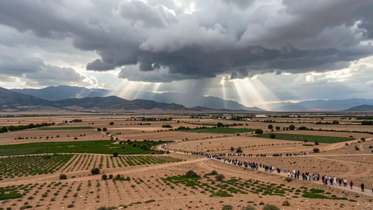 Imagen genérica de nubes de tormenta sobre un paisaje seco andaluz con montañas al fondo.