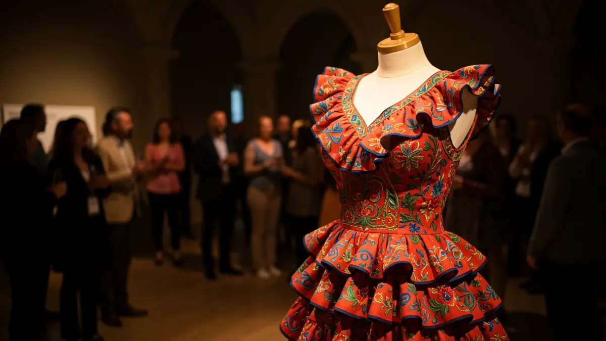 Detalle de tela de traje de flamenca con bordados y volantes.
