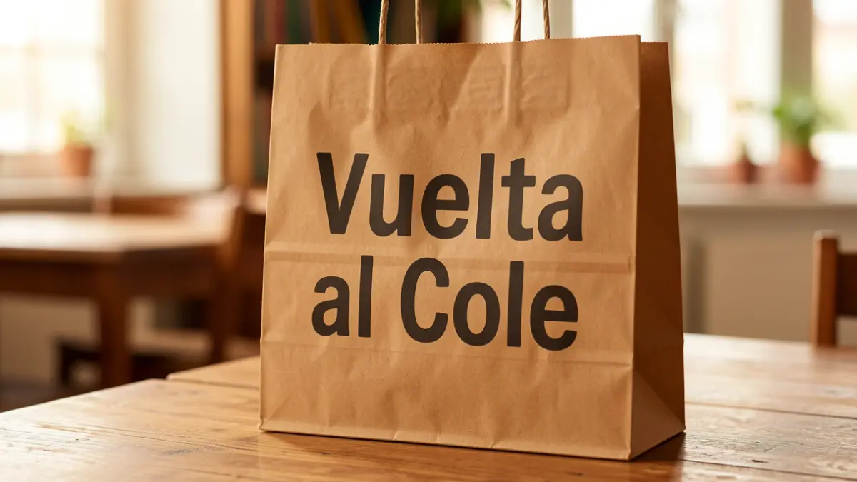 Bolsa de la compra con el texto 'Vuelta al Cole' desenfocado, sobre una mesa de madera.