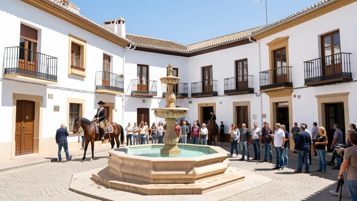 Plaza de un pueblo andaluz con edificios encalados y jinetes a caballo.