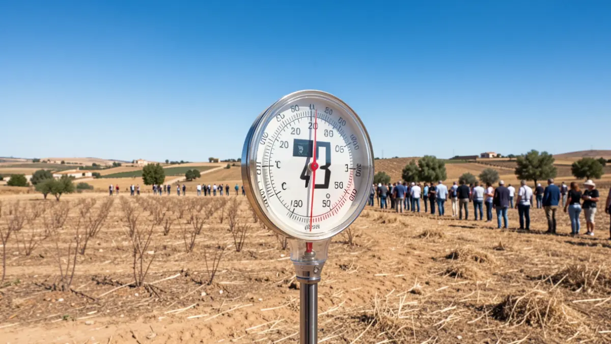 Thermometer showing 43 degrees in a dry, sunny landscape of Andalusia.