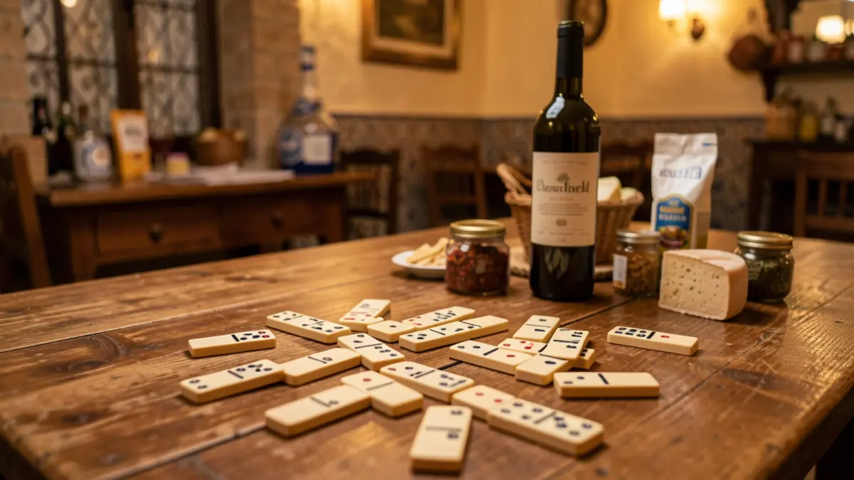 Imagen genérica de una mesa con fichas de dominó, vino local y productos de la comarca.