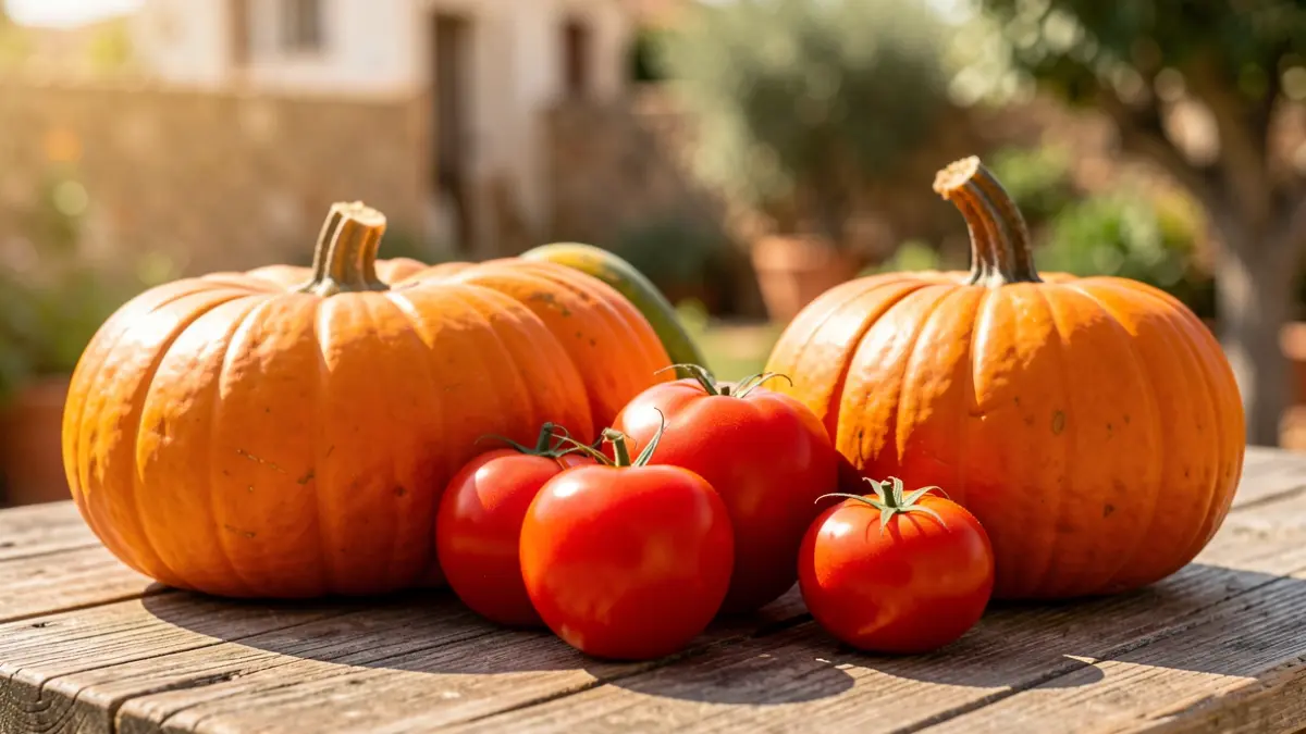 Close-up of traditional vegetables like pumpkins and tomatoes on a rustic wooden table, with natural light.