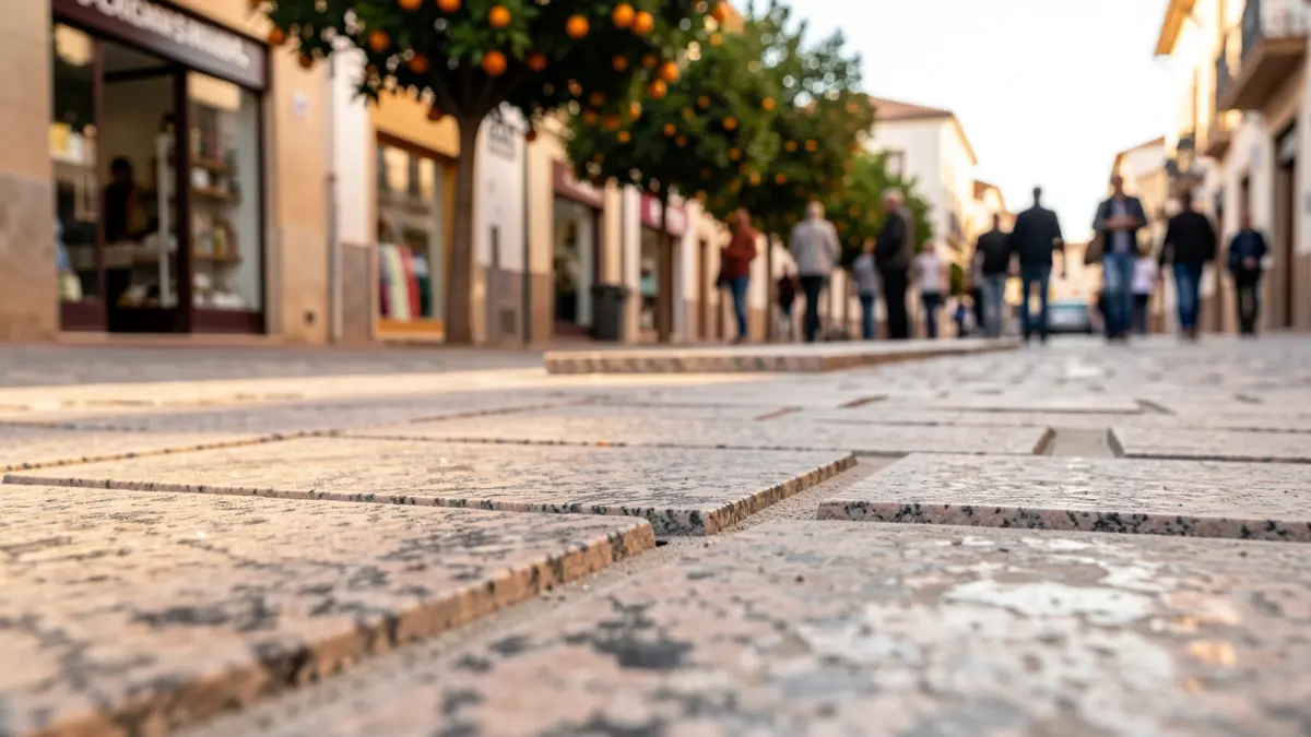 Imagen de las obras de renovación de la Alameda de Andalucía en Antequera, con nuevo pavimento de granito.