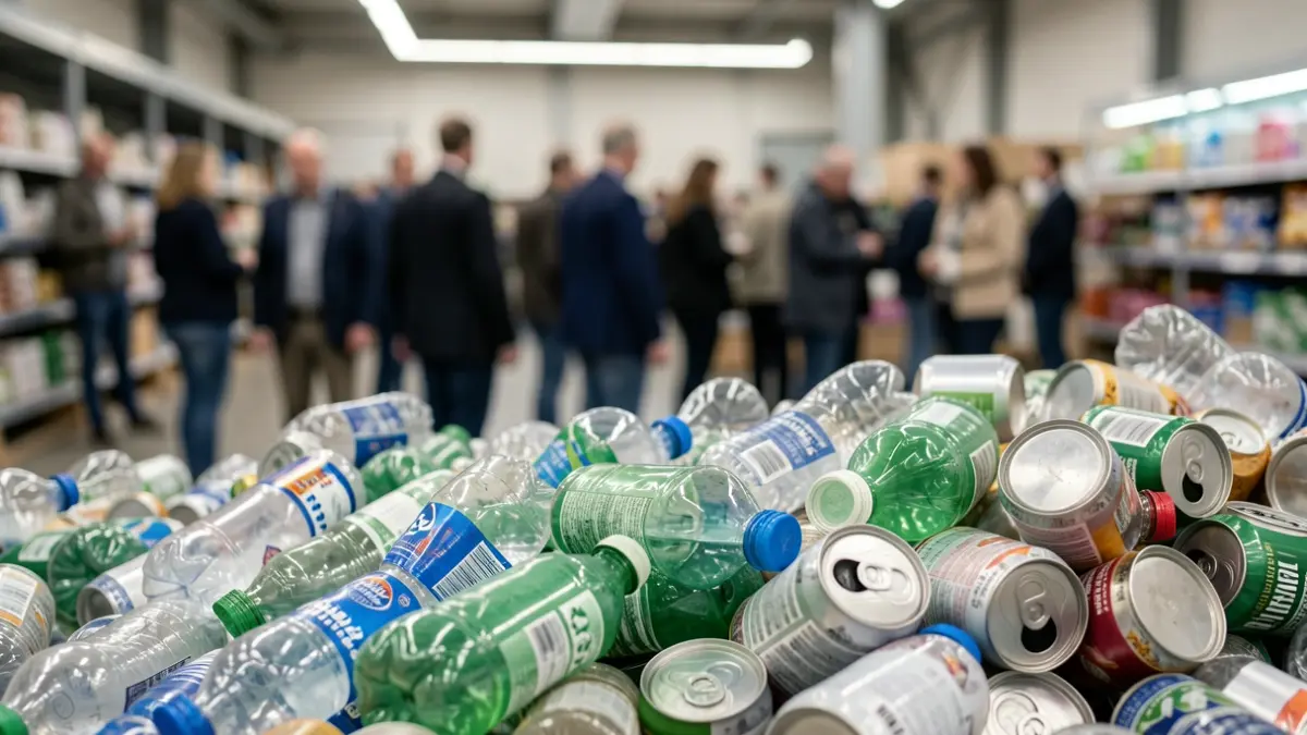 Generic image of plastic bottles and cans stacked for recycling.