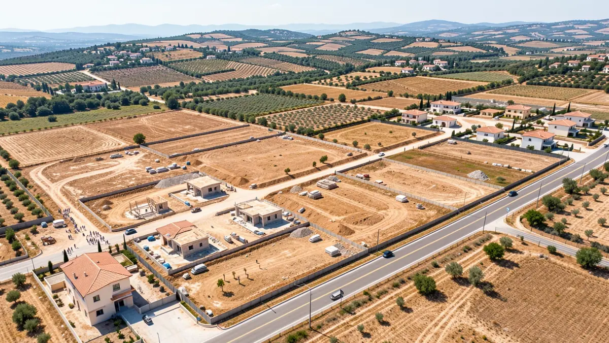 Vista aérea de una zona residencial en desarrollo con parcelas y casas en construcción.