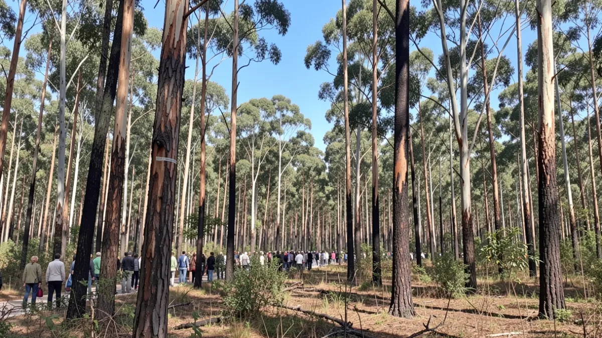 Imagen genérica de un bosque con eucaliptos y pinos, algunos con signos de daño por incendio.