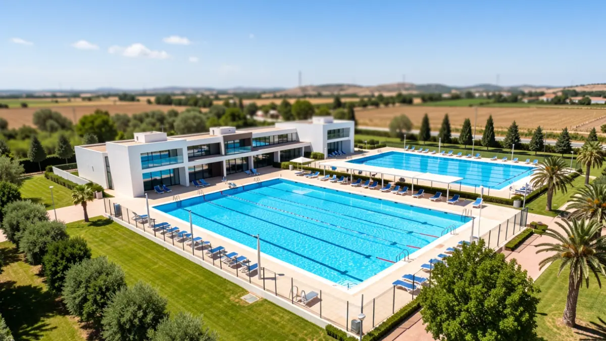 Aerial view of a modern covered municipal swimming pool with green areas in Chiclana.
