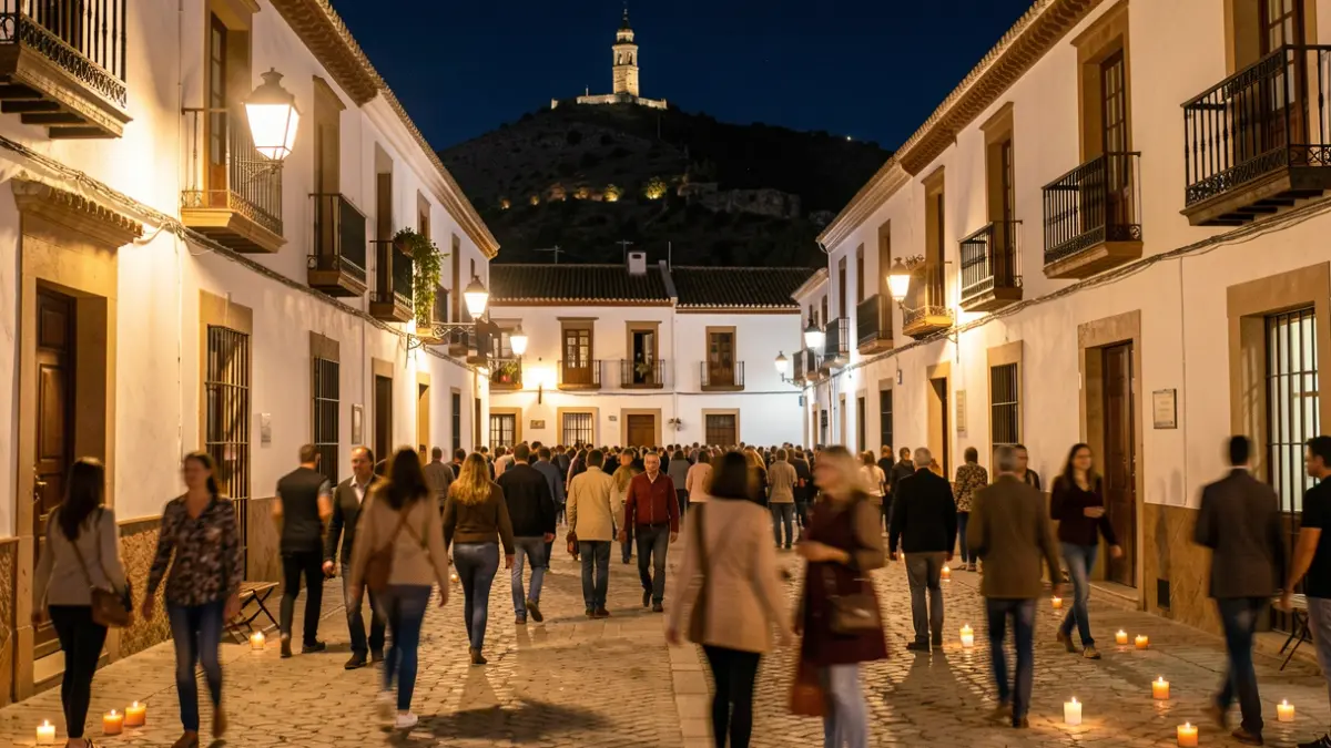 Plaza de un pueblo andaluz de noche con luces de velas y farolas.