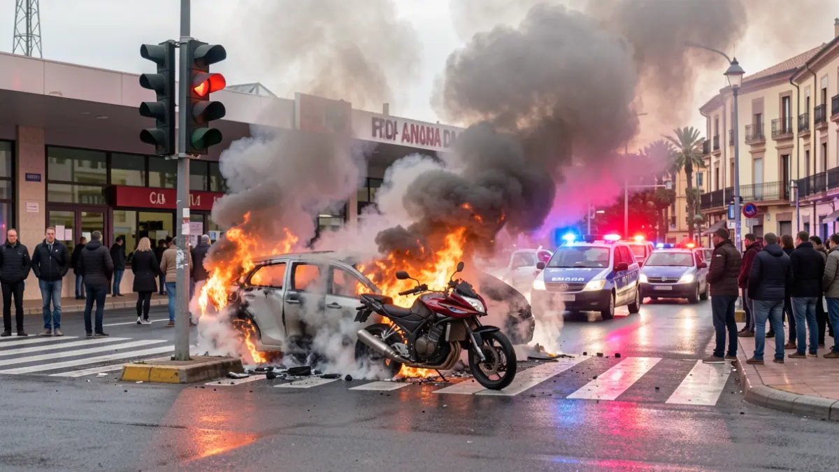 A motorcycle burning at a traffic light next to a bus station in Granada.