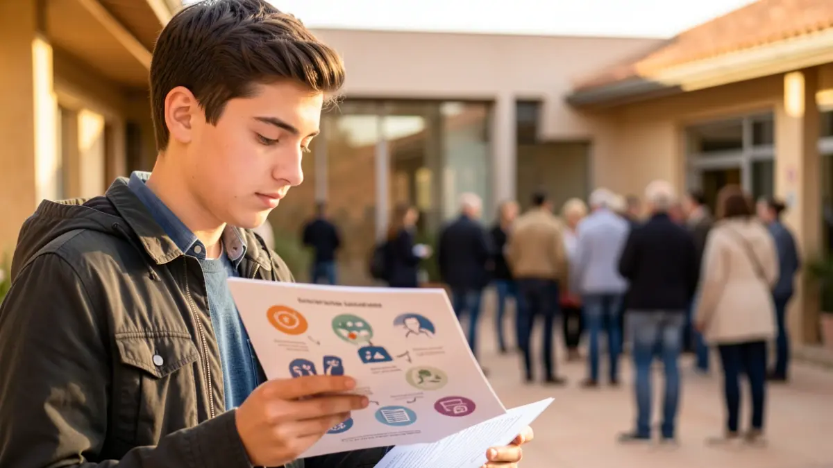 Joven consultando información sobre recursos de apoyo en un centro comunitario.