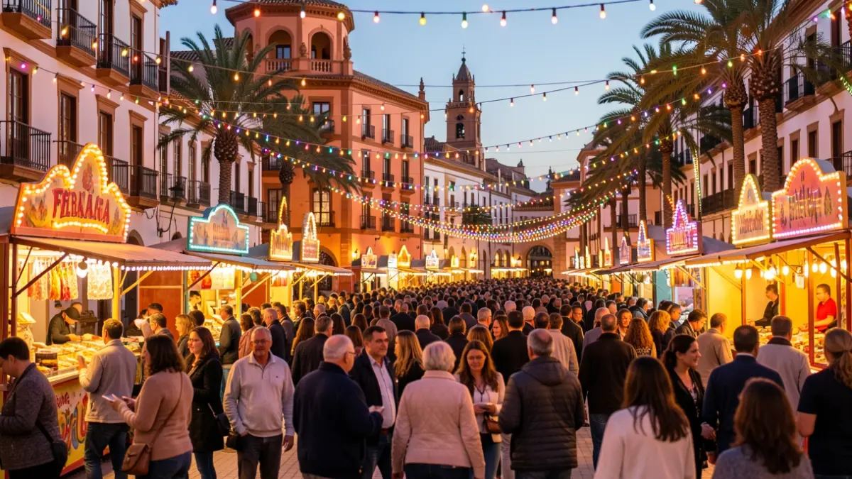 Imagen genérica de la Feria de Málaga con luces festivas y arquitectura andaluza.