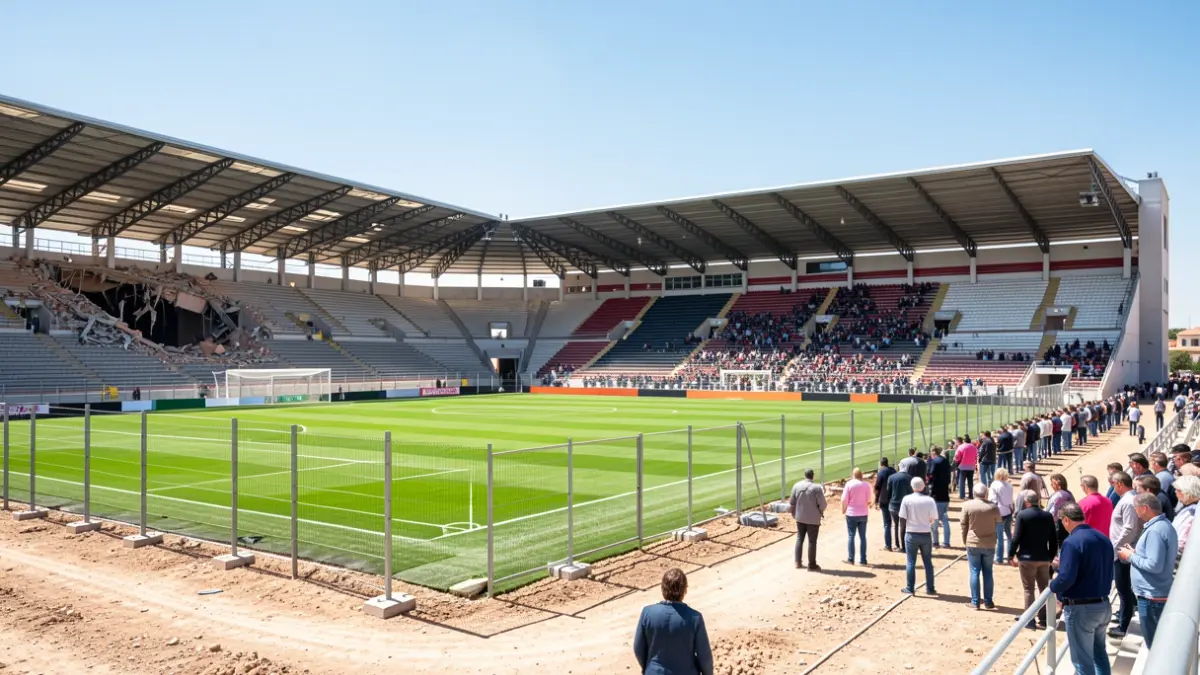 Obres del nou estadi de futbol a San Fernando, amb tancat perimetral i inici de derribaments.