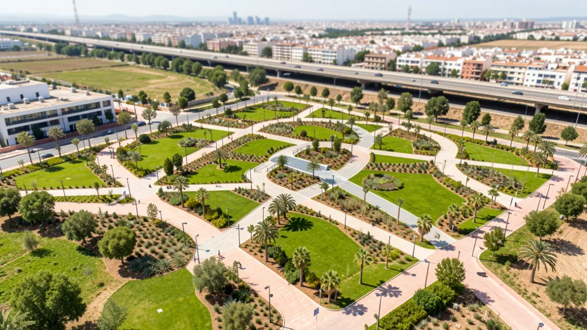 Aerial view of a large urban park in Andalusia with green areas and paths, with a ring road in the background.