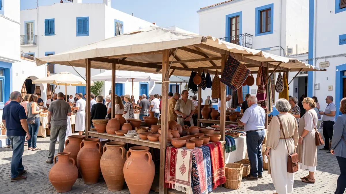 Puesto de mercado de estilo romano con cerámica, ánforas y textiles, frente a edificios encalados con detalles azules bajo el sol mediterráneo.