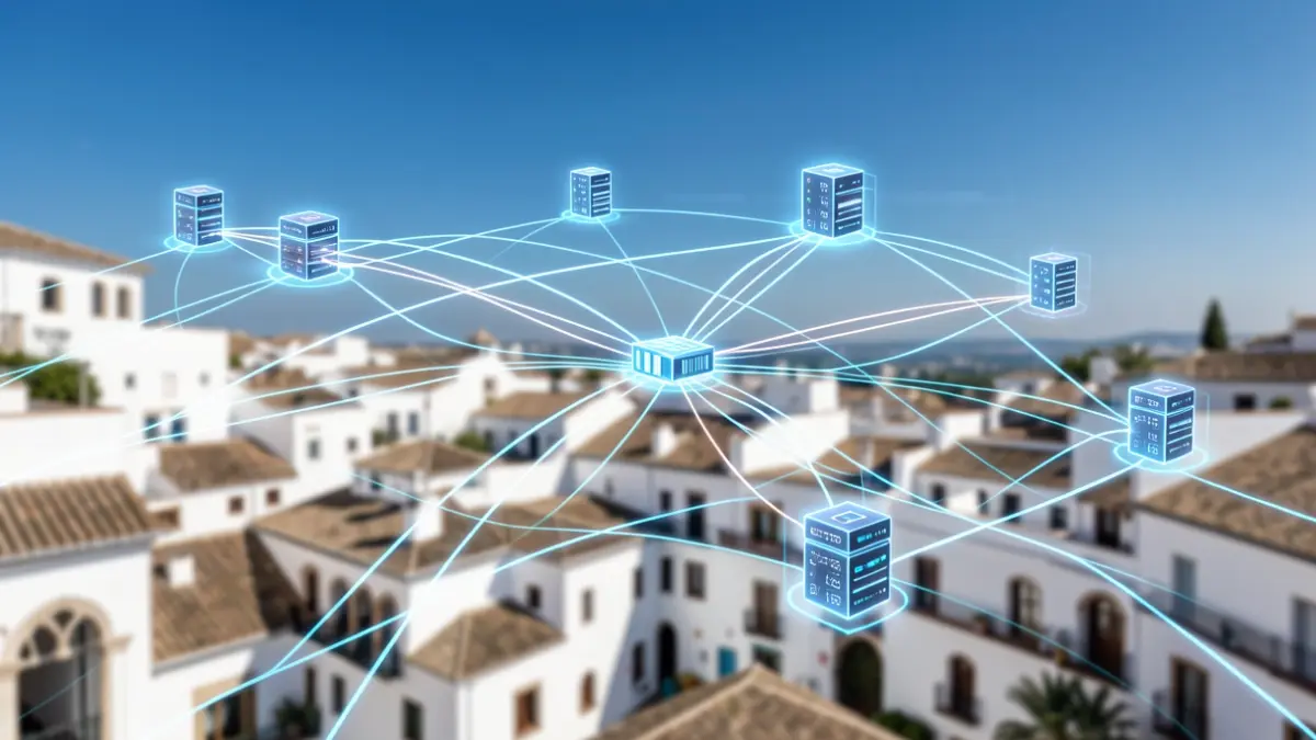 Representación abstracta de la integración y análisis de datos con elementos tecnológicos y un paisaje andaluz.