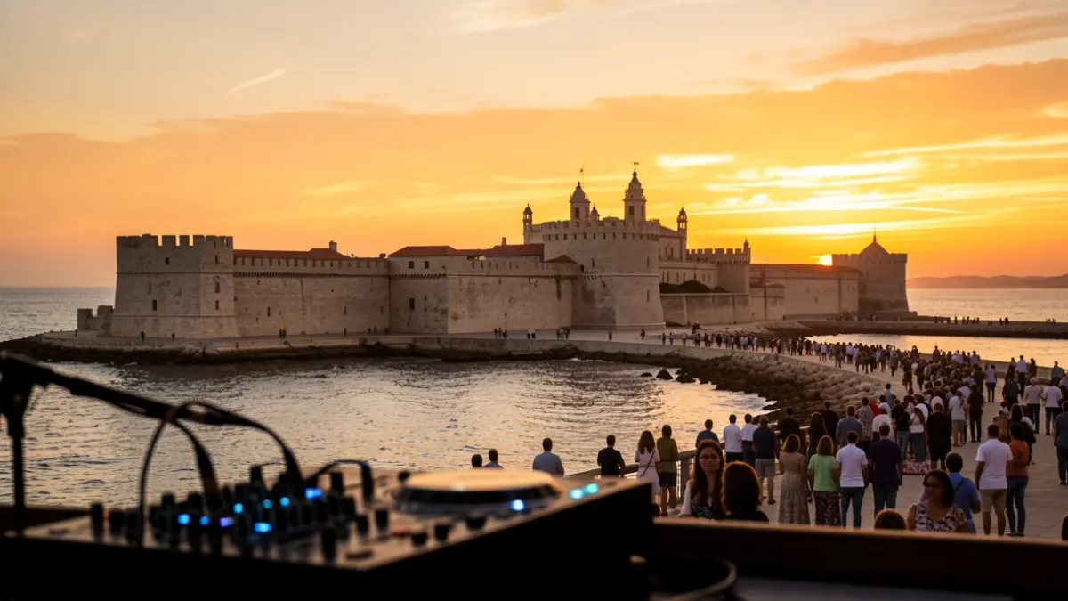 Sunset over the Castillo de Medina Sidonia overlooking the Bay of Cadiz, suggesting live music.
