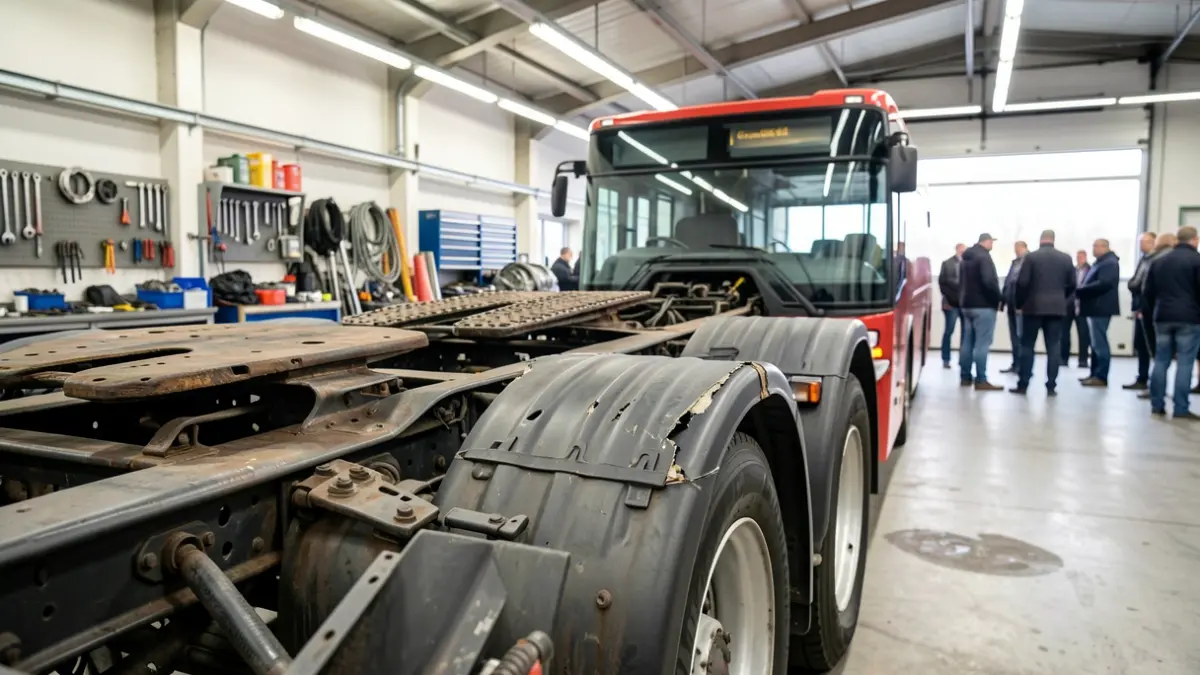 Close-up of a damaged articulated bus chassis in an industrial workshop.
