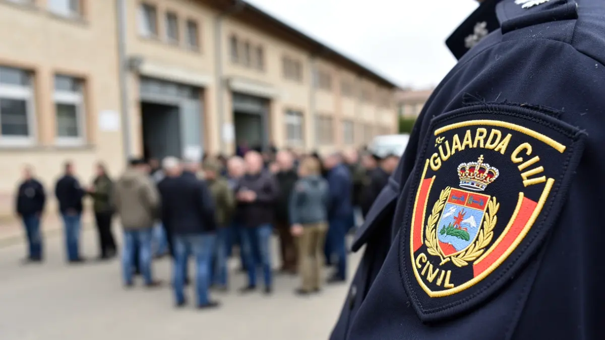 Imagen genérica de una placa de la Guardia Civil española con un cuartel al fondo.