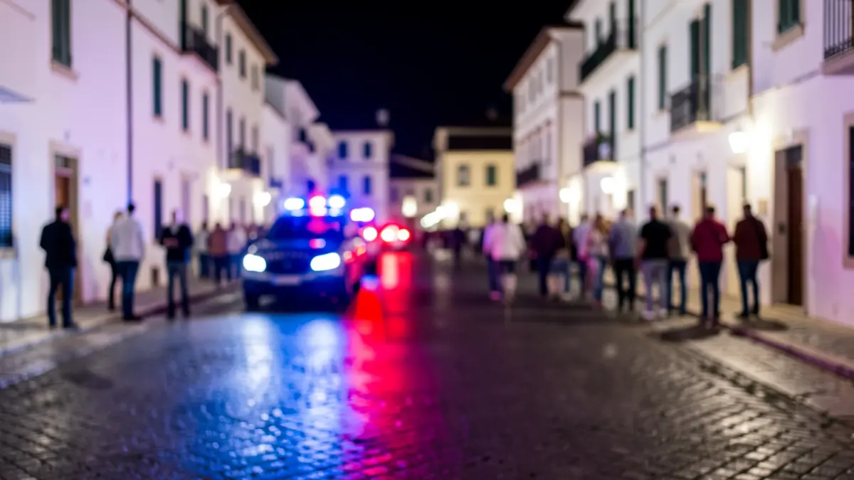 Luces de emergencia policiales reflejándose en el asfalto mojado por la noche en Sevilla.