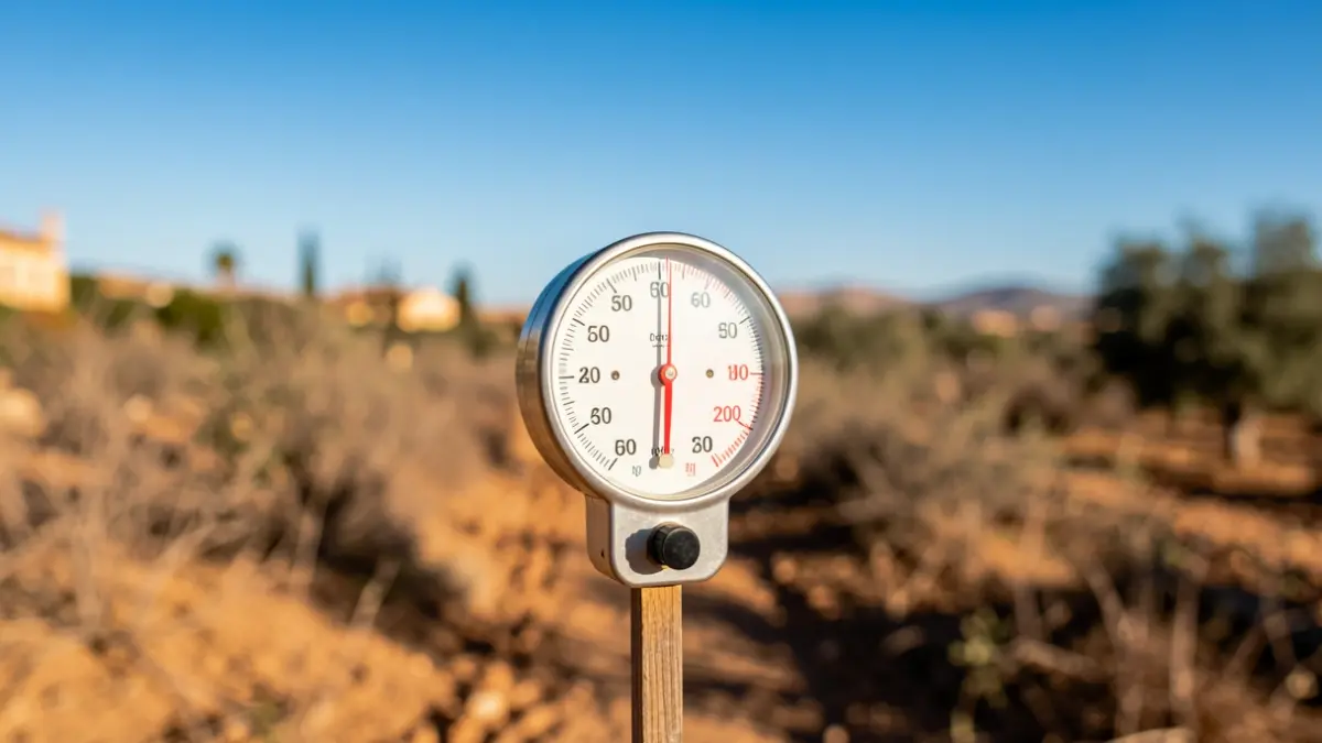 Termómetro marcando alta temperatura en un paisaje andaluz soleado.