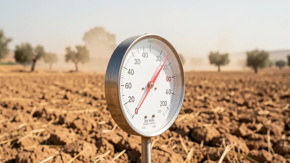 Termómetro marcando altas temperaturas en un paisaje andaluz seco y polvoriento.
