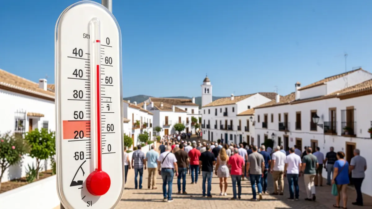 Termómetro marcando temperaturas extremas con símbolo de aviso rojo, sobre un paisaje andaluz soleado.
