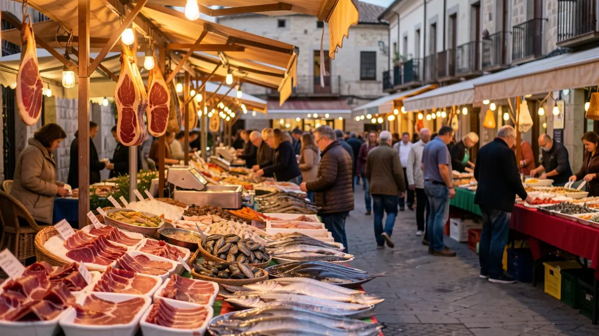 Image of an outdoor gastronomic fair in a Spanish square at dusk, with stalls of Iberian ham and seafood.