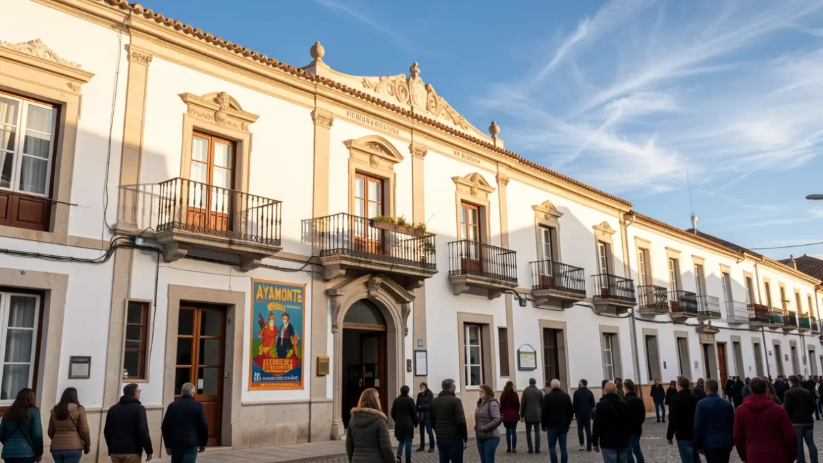 Fachada del Ayuntamiento de Ayamonte con cartel anunciador de las fiestas.