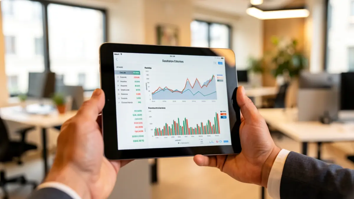 Generic image of a hand holding a tablet with financial charts.