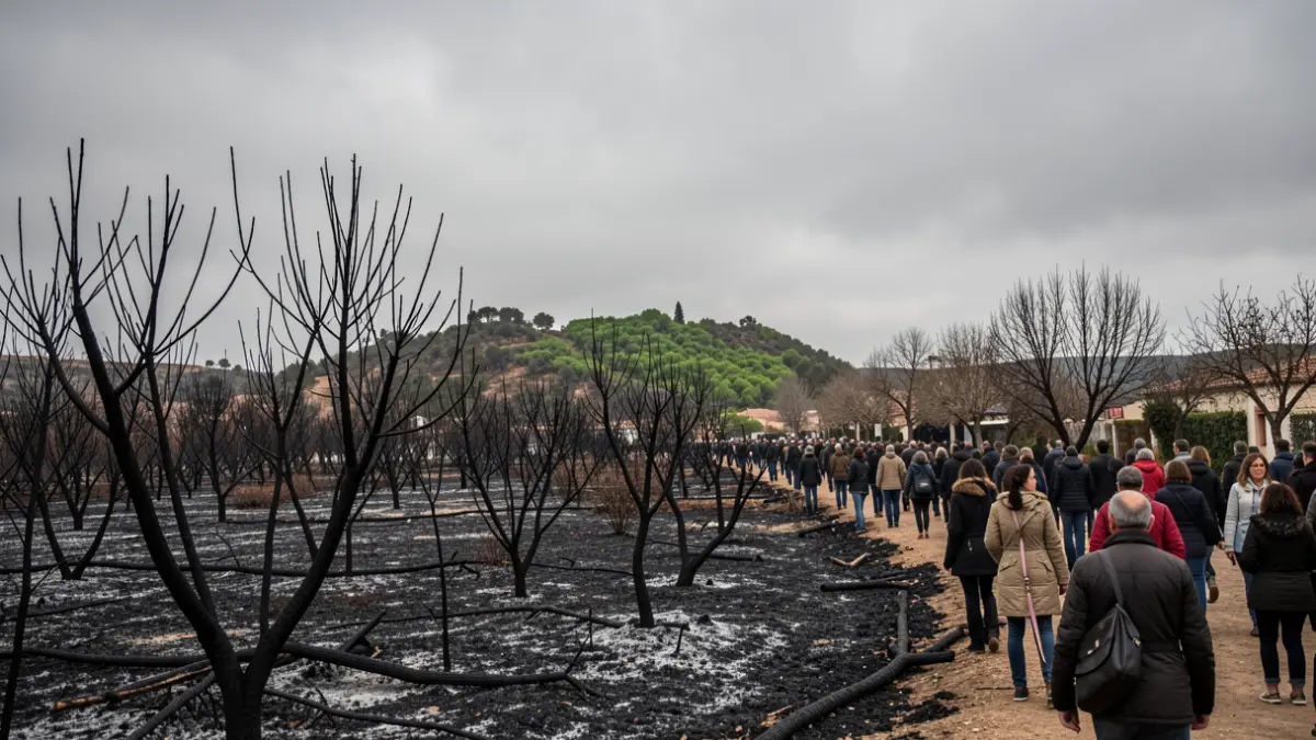 Paisaje calcinado por el incendio en Berrocal, con árboles carbonizados y suelo cubierto de ceniza.