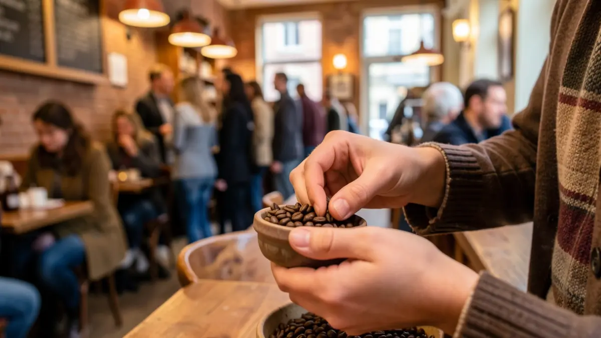 Close-up of hands arranging artisanal coffee beans, with a cozy cafe interior and warm lighting in the background.