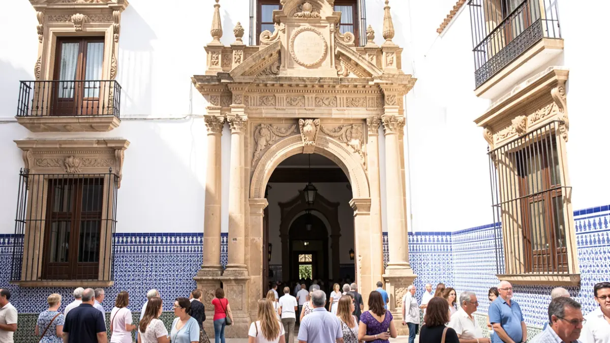 Fachada de un edificio histórico andaluz con detalles ornamentales, paredes blancas y azulejos azules, bajo la luz del sol.
