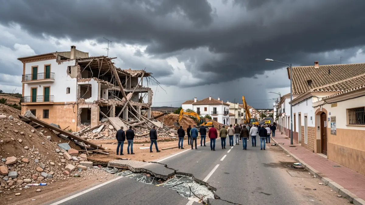 Imagen de reconstrucción tras una borrasca en Andalucía, con infraestructuras dañadas y elementos de recuperación.