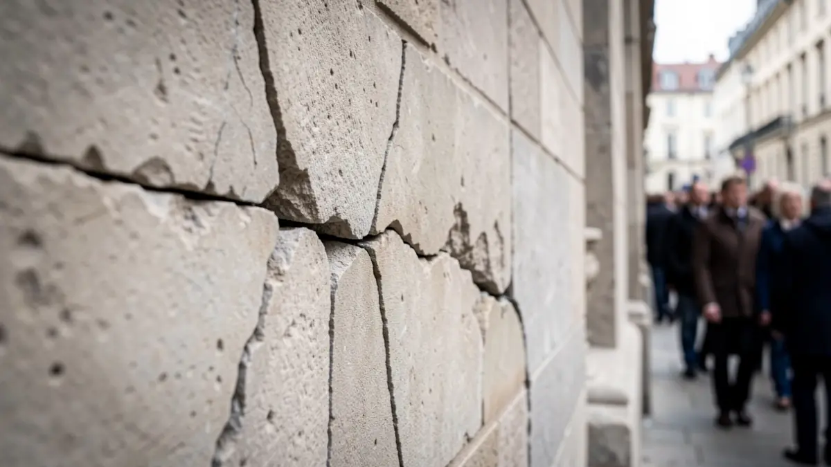 Imagen de un muro de piedra agrietado, simbolizando los daños de los terremotos.