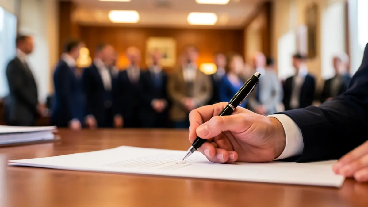 Hand signing a document on a desk.