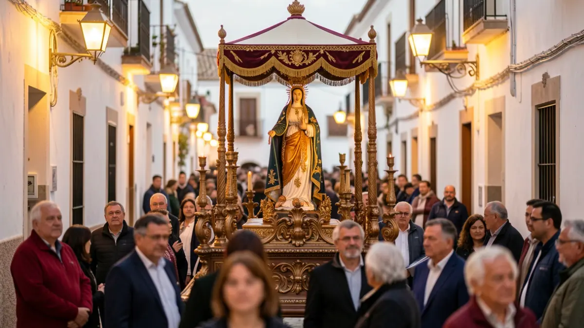 Procession of the Virgin of Angustias under a canopy through the streets of Aznalcázar.