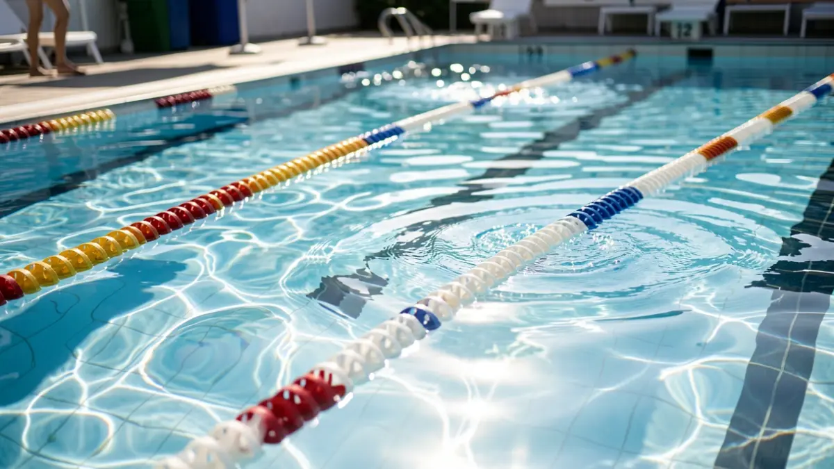 Piscina municipal con calles de natación y agua clara bajo el sol.