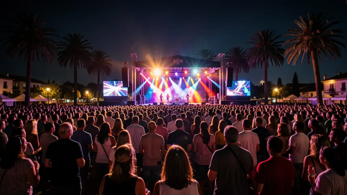 Escena nocturna de un festival de música al aire libre en Andalucía, con luces de colores y público.