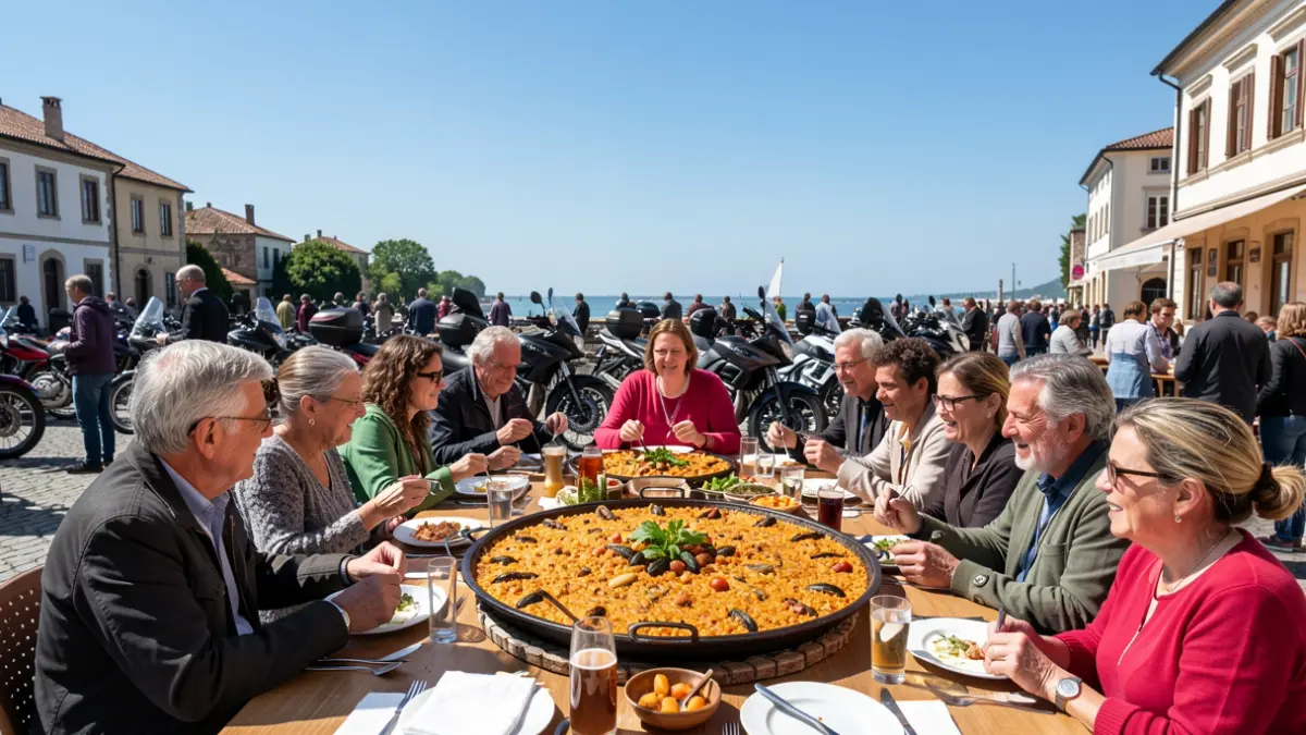 Imagen de una paella gigante compartida por asistentes a una concentración motera en Bailén.