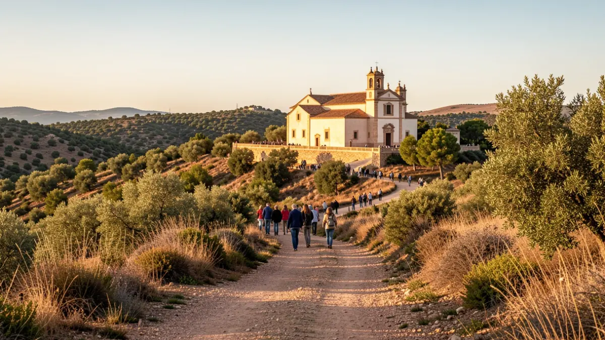 Vista del Santuario de Zocueca en Bailén, Andalucía, con un camino y paisaje natural.