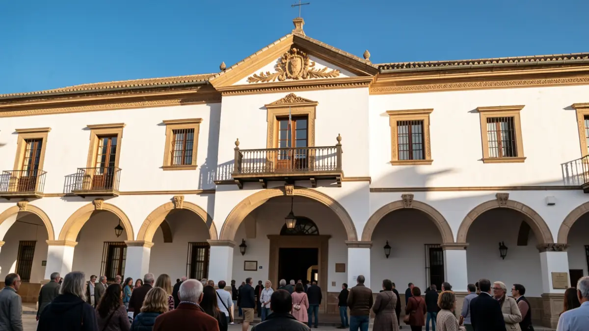 Facade of a white Andalusian town hall with a central balcony and blue sky.