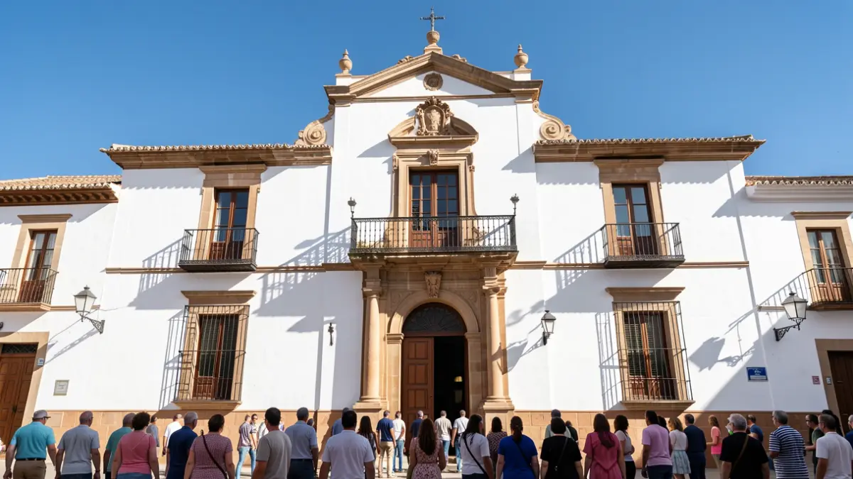 Fachada de un ayuntamiento andaluz con balcón y luz solar intensa.