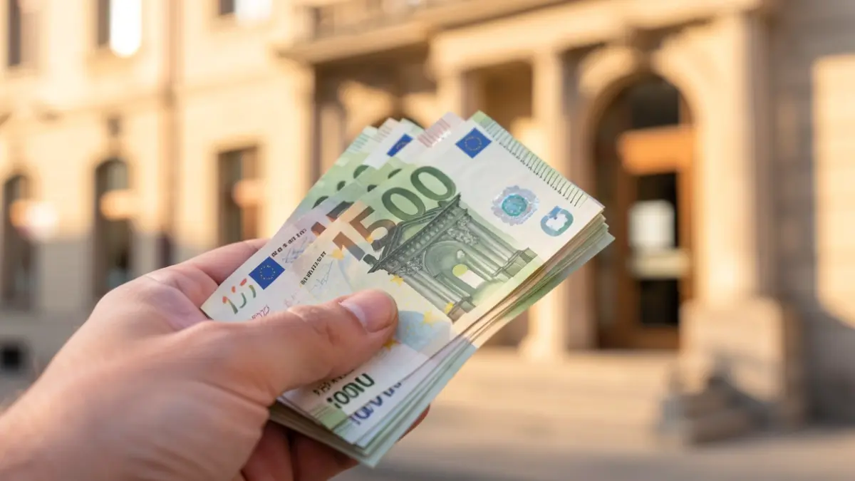 Manos sosteniendo billetes de euro frente a un edificio bancario borroso.