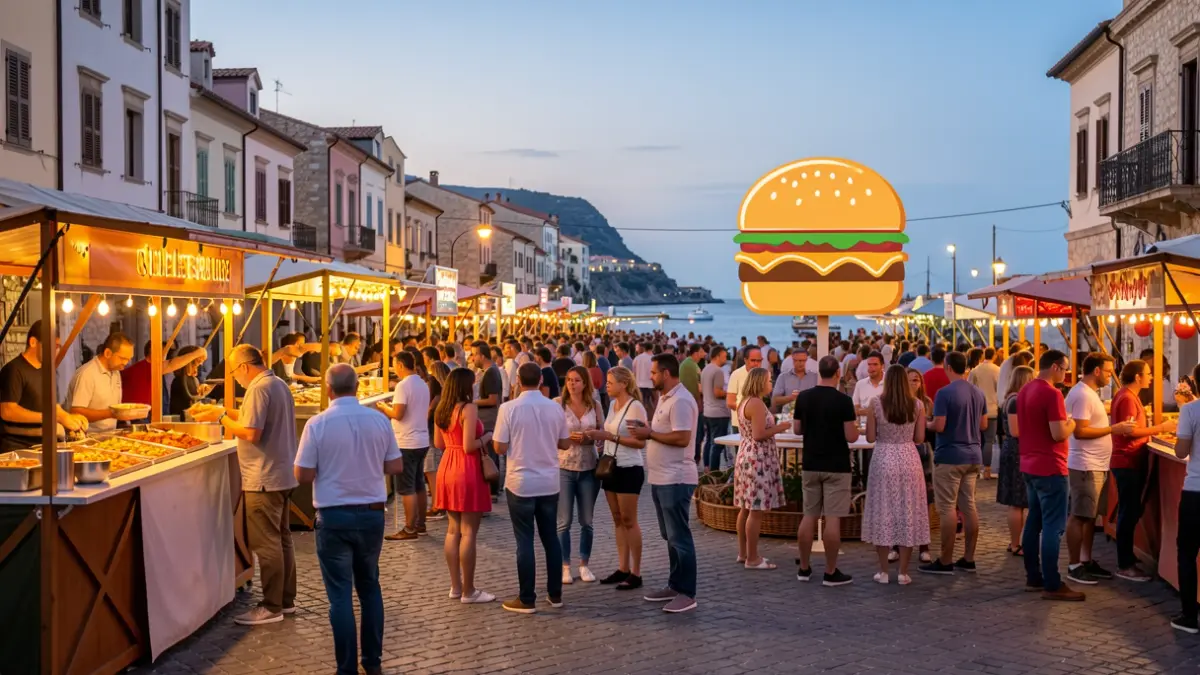 Image of an outdoor food festival in a coastal town square at dusk, with food stalls, people, and a large burger icon.