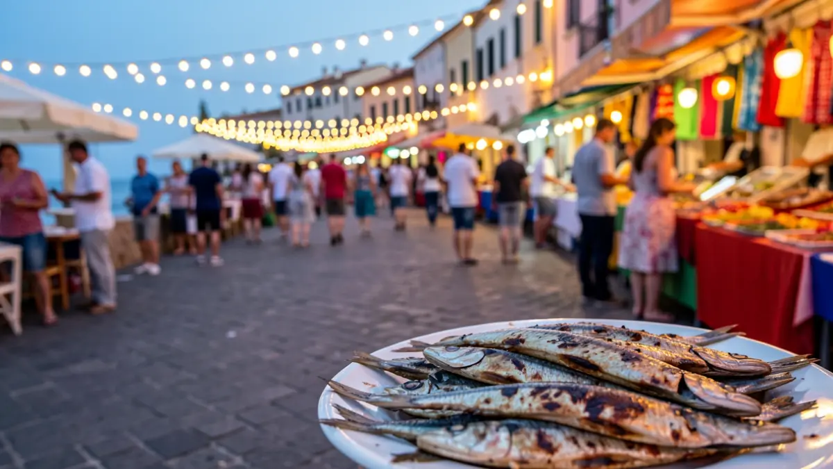 Image of a popular sardine festival in Barbate with lights, stalls, and grilled sardines.