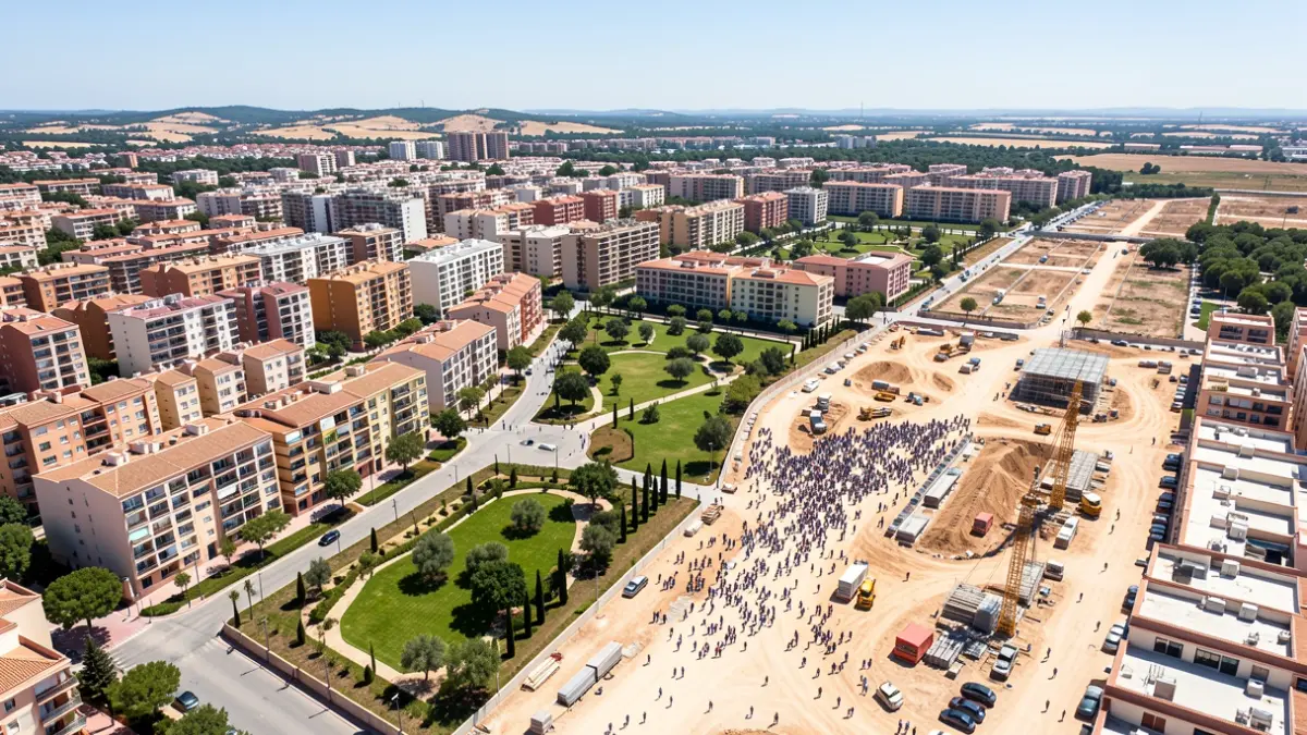 Vista aérea de un gran desarrollo urbanístico en el sur de Sevilla con edificios residenciales y zonas verdes.