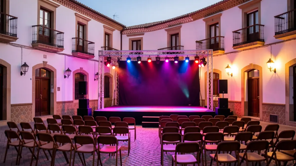 Escena de un escenario exterior en una plaza andaluza al atardecer, con luces de colores y filas de sillas vacías.