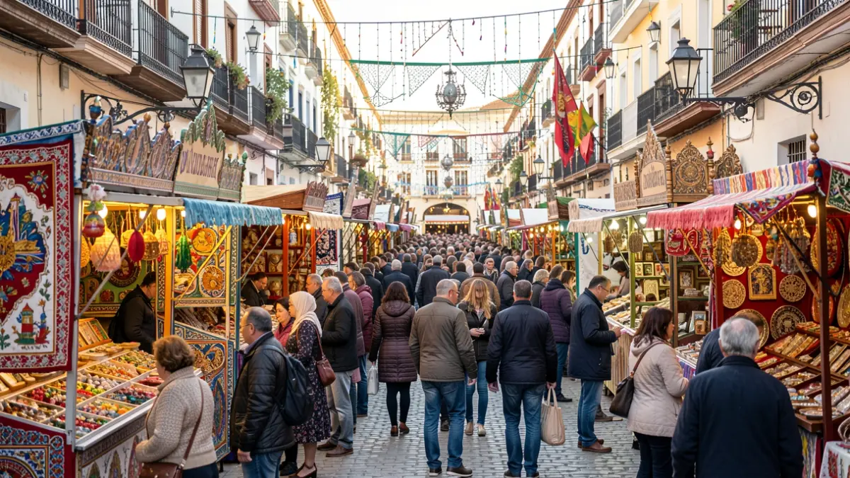 Imagen genérica de una feria andaluza con casetas decoradas y luces festivas.