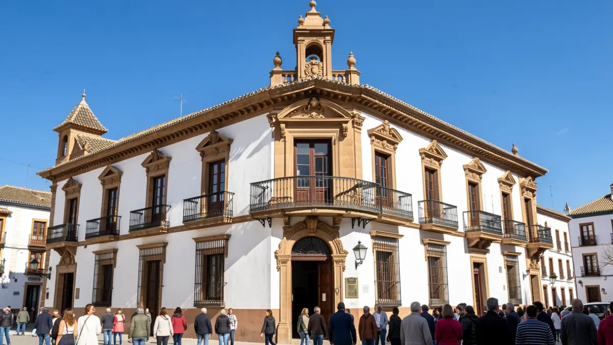 Facade of the Baza Town Hall, a traditional Andalusian building with ornate balconies.
